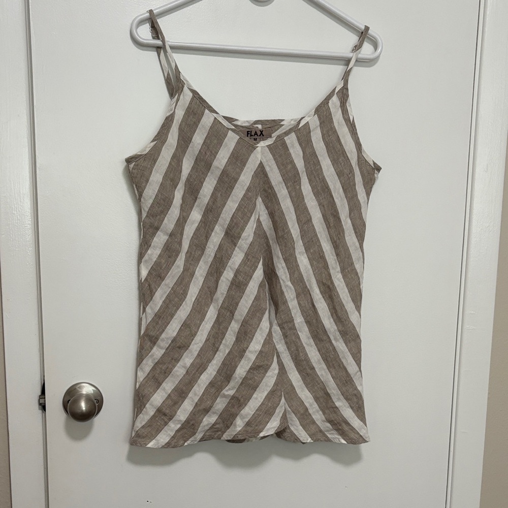 FLAX Women's 💯% LINEN Tan and White top sz medium